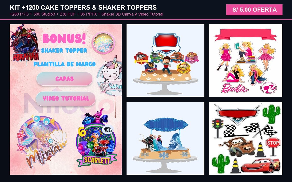 Mega Pack +1200 Cake Toppers y Shaker Toppers Imprimibles y Editables